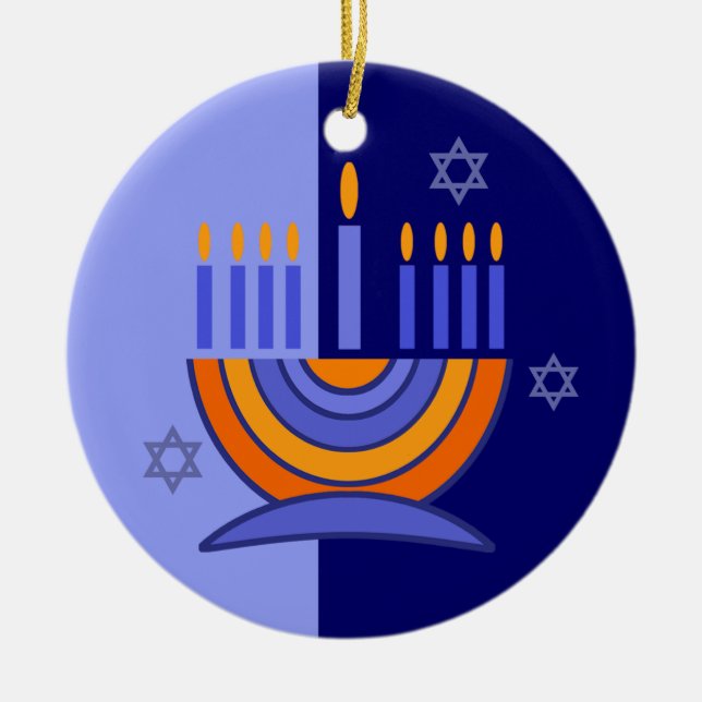 Ornement Rond En Céramique Bonne Hanoukka. Menorah et Dreidels (Devant)