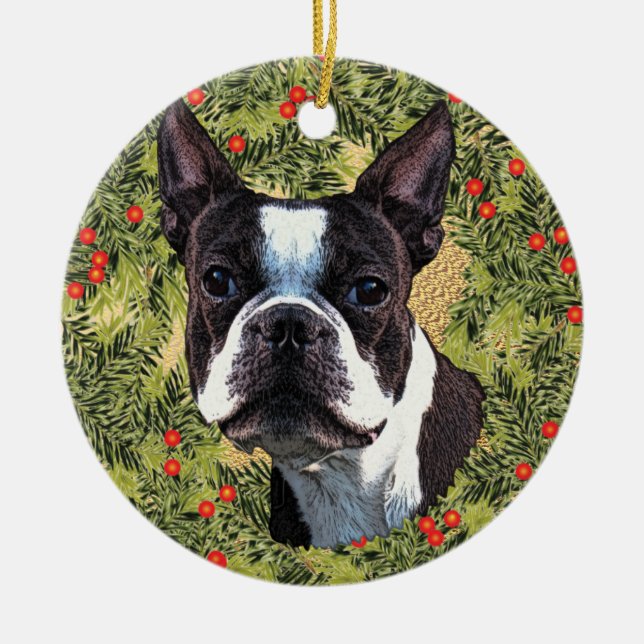 Ornement Rond En Céramique Boston Terrier Wreath (Devant)