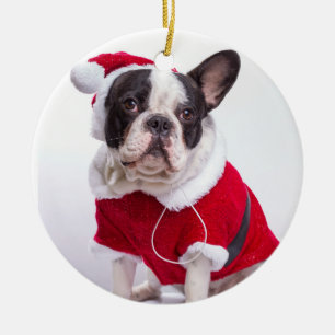 Ornement Rond En Céramique Bouledogue français dans le costume de Père Noël