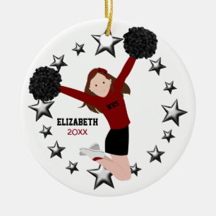 Ornement Rond En Céramique Brunette Pom-pom girl Pom Poms En Rouge Et Noir