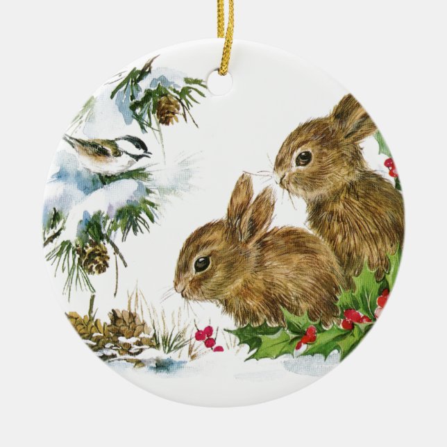 Ornement Rond En Céramique Bunnies et oiseaux Profitez de la neige (Devant)