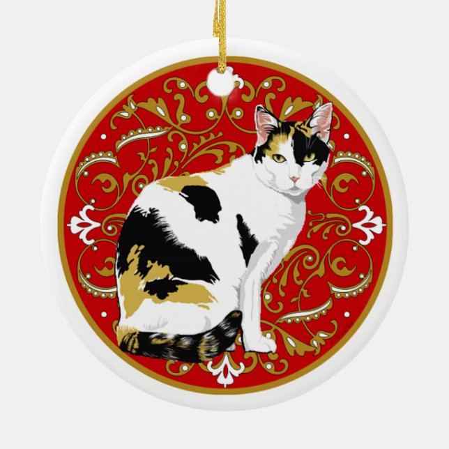 Ornement Rond En Céramique Calico Cat Baroque (Dos)