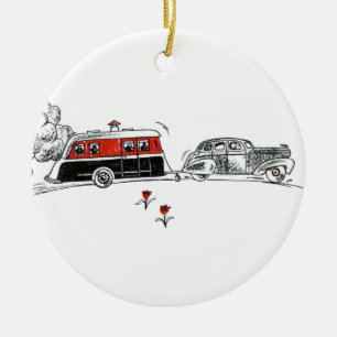 Ornement Rond En Céramique Campeur antique et voiture de rv dessinant le
