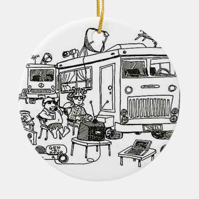 ORNEMENT ROND EN CÉRAMIQUE "CAMPING OU VACANCES" ORNAMENT DE NOËL (Devant)