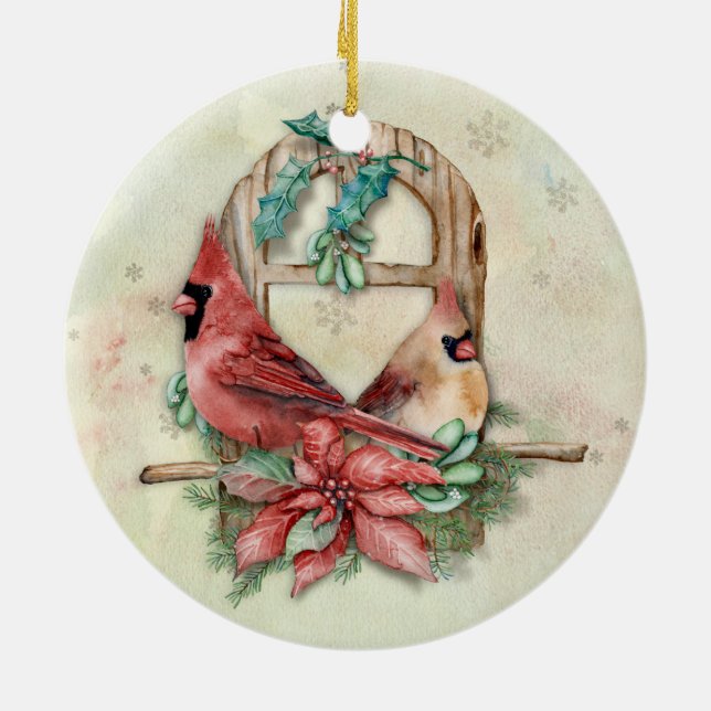 Ornement Rond En Céramique Cardinaux d'hiver Paire avec Poinsettia (Dos)