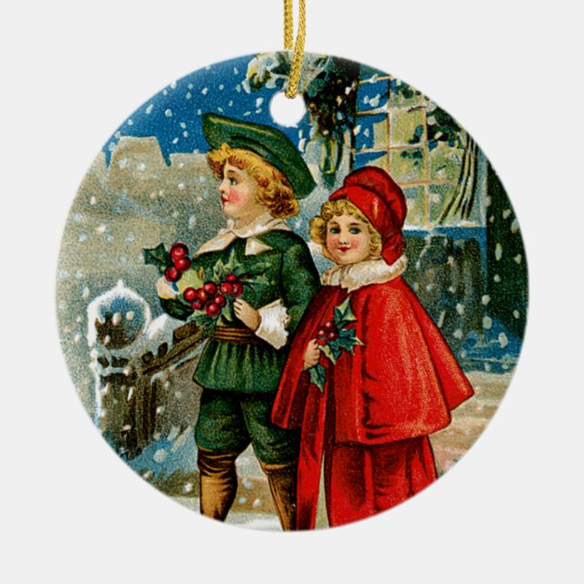 Ornement Rond En Céramique Carolers de Noël (Devant)