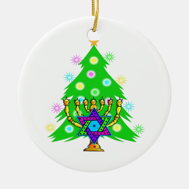 Ornement Rond En Céramique Chanukkah et Noël (Devant)