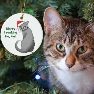 Ornement Rond En Céramique Chat Gris Drôle Grognon Noël Humour Fêtes