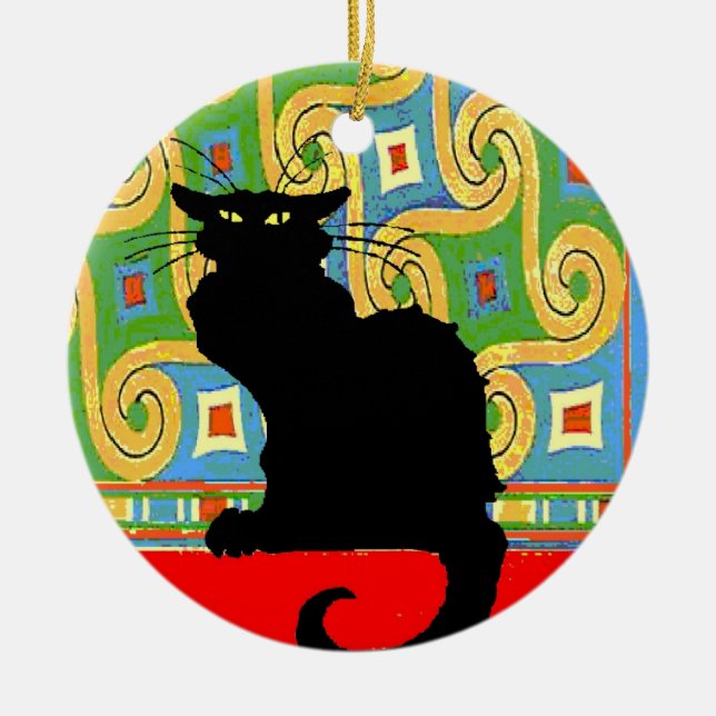 Ornement Rond En Céramique Chat noir sur papier peint Abstrait (Devant)
