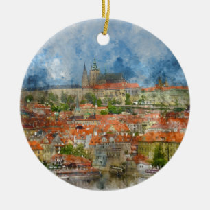 Ornement Rond En Céramique Château de Prague avec le pont célèbre de Charles