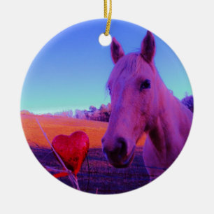 Ornement Rond En Céramique Cheval Brown et Coeur Rouge