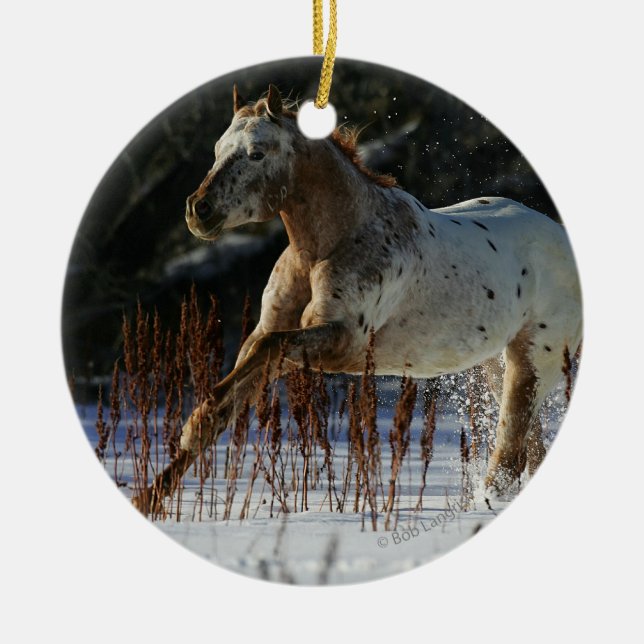 Ornement Rond En Céramique Cheval d'Appaloosa fonctionnant dans la neige (Devant)