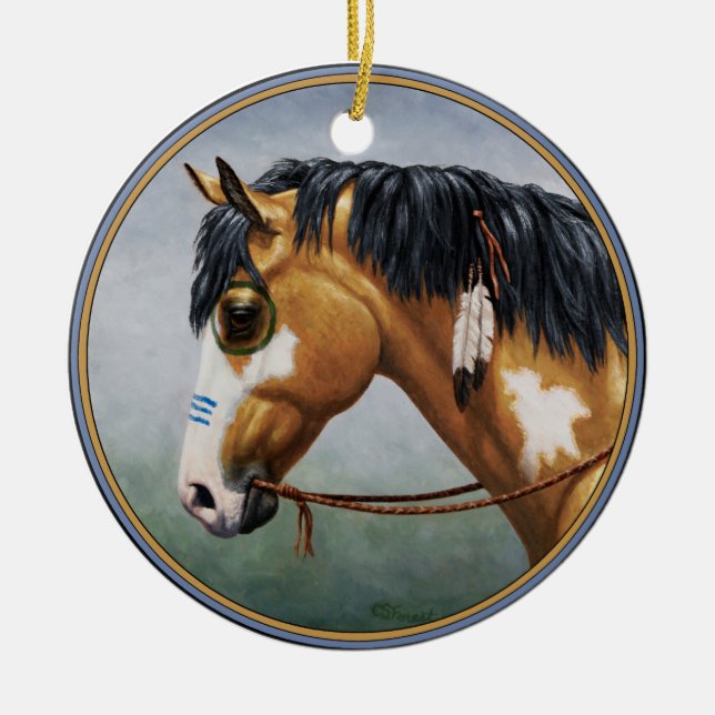 Ornement Rond En Céramique Cheval de guerre amérindien Buckskin Pinto (Devant)