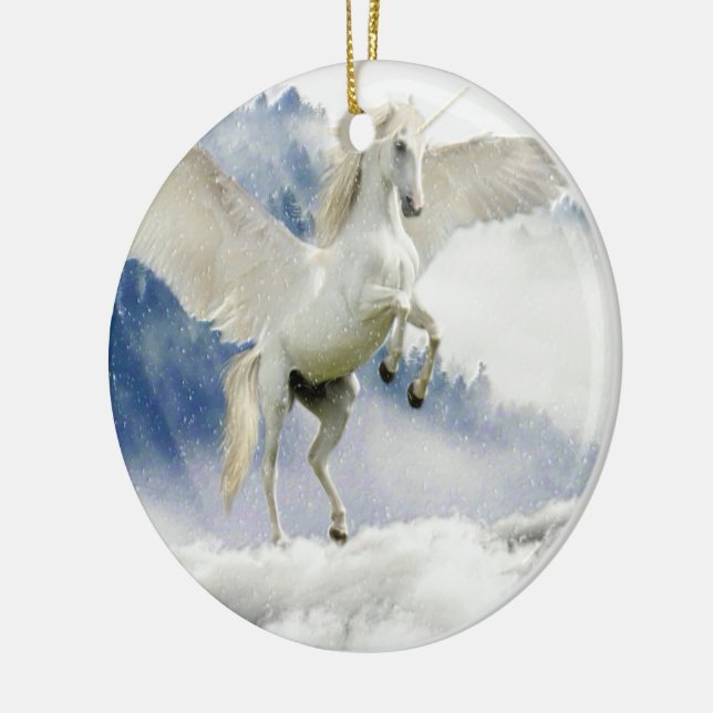 Ornement Rond En Céramique Cheval de licorne blanche avec ailes (Gauche)
