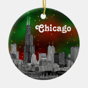 Ornement Rond En Céramique Chicago Skyline Etched, Green Red Starry Sky Xmas
