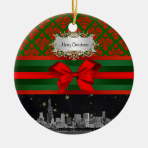 Ornement Rond En Céramique Chicago Skyline Red Green Damask #2 Bow Xmas