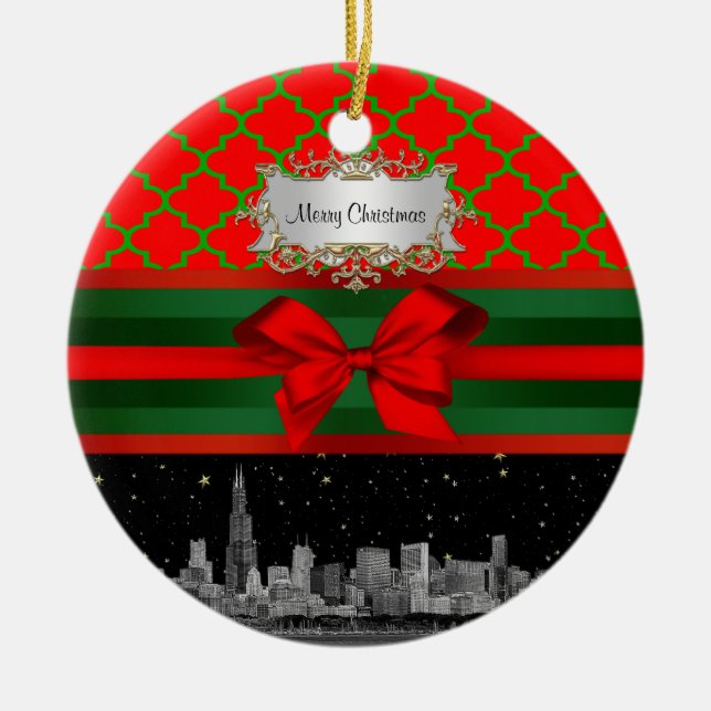 Ornement Rond En Céramique Chicago Skyline, Red Green Quatrefoil Xmas (Devant)
