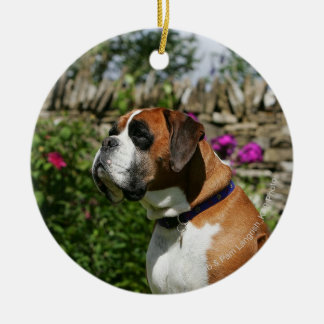 Ornement Rond En Céramique Chien de boxeur en fleurs