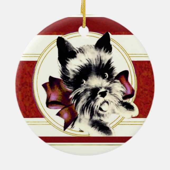 Ornement Rond En Céramique Chien écossais Terrier écossais avec arc rouge (Dos)