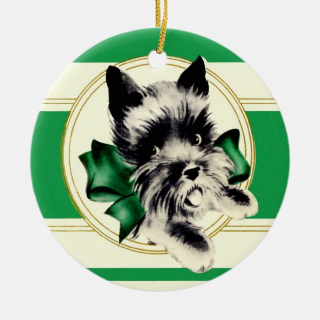 Ornement Rond En Céramique Chien écossais Terrier écossais avec arc vert (Devant)