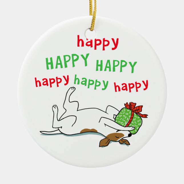 Ornement Rond En Céramique Chien heureux heureux de Noël de Jack Russell (Devant)