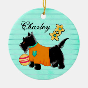 Ornement Rond En Céramique Chien noir Teal personnalisé par nom de Terrier de