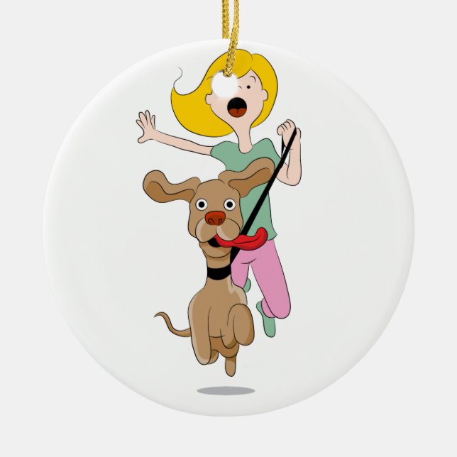 Ornement Rond En Céramique Chien tirant la bande dessinée de femme (Devant)