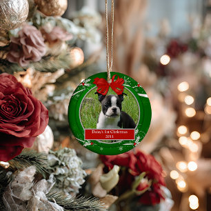 Ornement Rond En Céramique Chiot Chat 1er Noël Rouge Vert Houx Baies