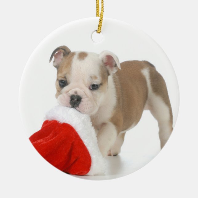 Ornement Rond En Céramique Chiot de Noël - chiot anglais de bouledogue (Devant)