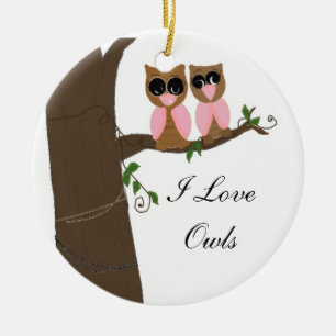 Ornement Rond En Céramique Chouettes dans un arbre
