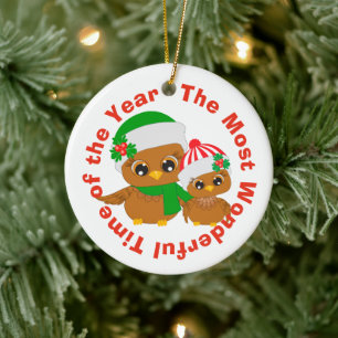 Ornement Rond En Céramique Chouettes de vacances les plus merveilleuses