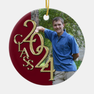 Ornement Rond En Céramique Classe 2024 Burgundy et Gold Graduate Photo
