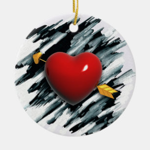 Ornement Rond En Céramique Coeur rouge avec la peinture d'arrière - plan