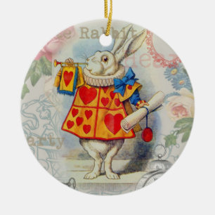 Ornement Rond En Céramique Coeurs de lapin blanc Alice Classic