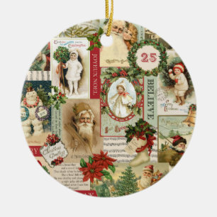 ORNEMENT ROND EN CÉRAMIQUE COLLAGE VINTAGE DE NOËL
