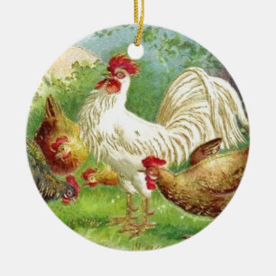 Ornement Rond En Céramique Coq de pays vintage et poulets