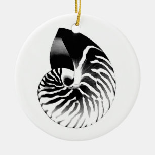 Ornement Rond En Céramique Coquille de Nautilus - noir, gris et blanc