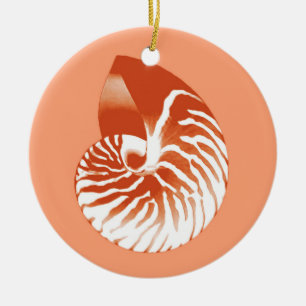 Ornement Rond En Céramique Coquille de Nautilus - terre cuite et blanc