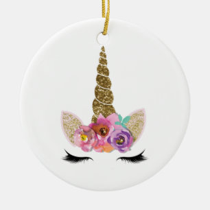 Ornement Rond En Céramique Corne de licorne pailletée or personnalisée floral