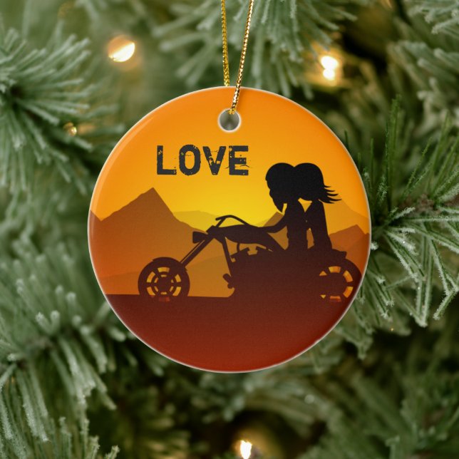Ornement Rond En Céramique Couple de moto personnalisé à Sunset LOVE (Arbre)
