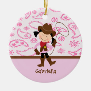 Ornement Rond En Céramique Cow-girl mignonne en ornement rose