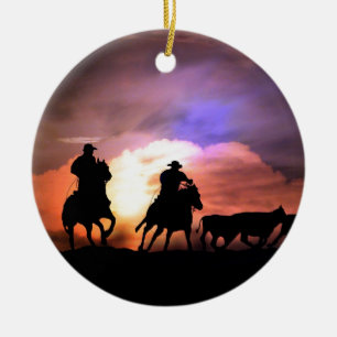 Ornement Rond En Céramique Cowboy de Noël, tour d'horizon / conduite de bétai