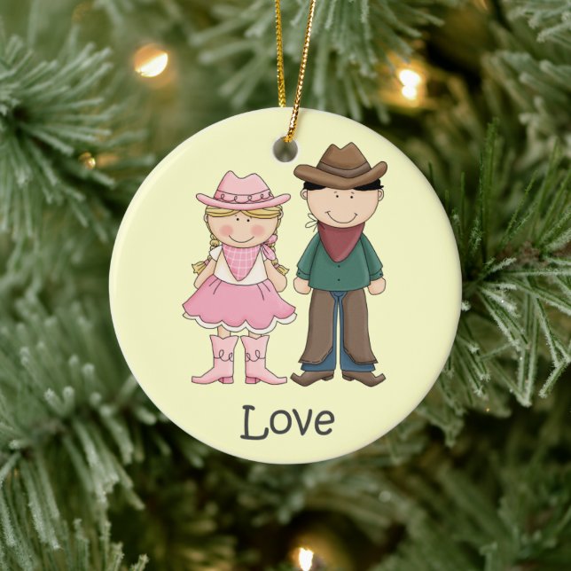 Ornement Rond En Céramique Cowgirl et Cowboy en amour (Arbre)