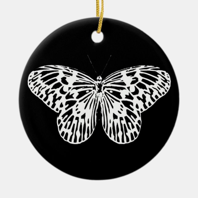 Ornement Rond En Céramique Croquis papillon, blanc et noir (Devant)