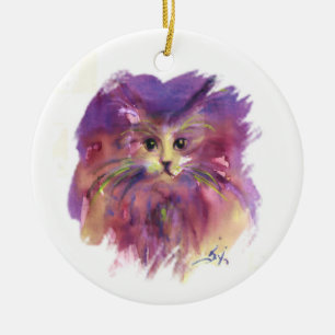 ORNEMENT ROND EN CÉRAMIQUE CUISINE POURPUE, PORTRAIT DE CAT DE CUISINE
