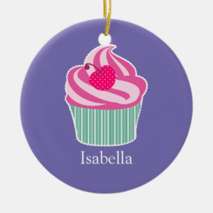 Ornement Rond En Céramique Cupcake rose personnalisé avec cerise Pointe Polka