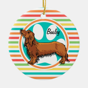 Ornement Rond En Céramique Dachshund aux cheveux longs; Bright Rainbow Stripe