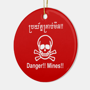 Ornement Rond En Céramique Danger ! ! Les mines ! ! SYMBOLE ☠ Cambodgien Khme