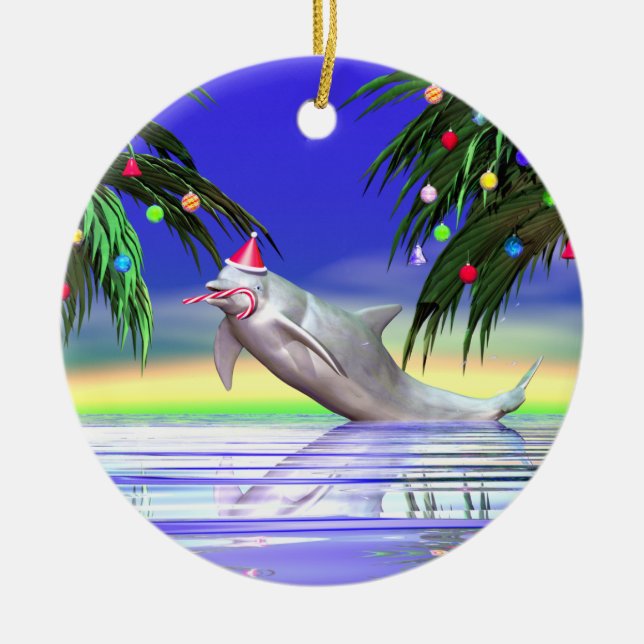 Ornement Rond En Céramique Dauphin de Noël tropical (Devant)