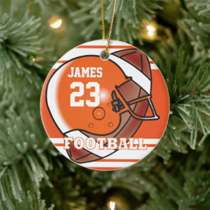 Ornement Rond En Céramique 🏈 de football orange et blanc   Nom et numéro 